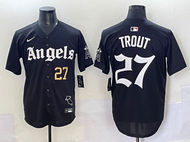Men 2025 Los Angeles Angels #27 Trout Black Five generations Joint Name Nike MLB Jersey style 2->los angeles angels->MLB Jersey